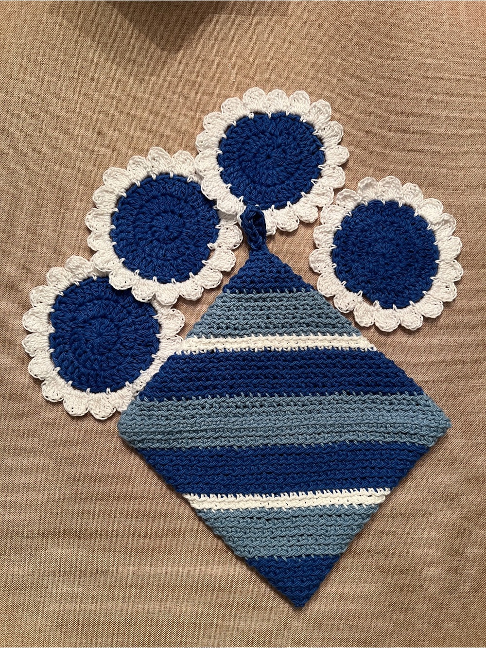 Hand-Crocheted Hot Pad & Coaster Set – Navy & Denim Blue
